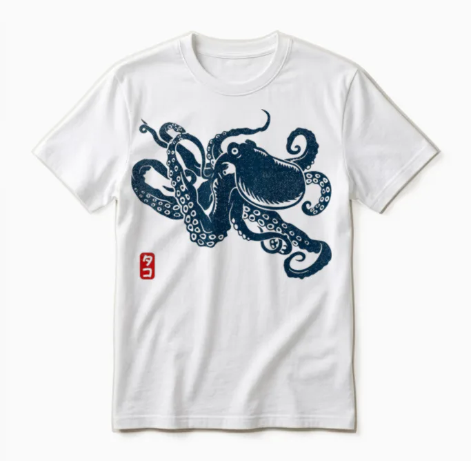 Japanese Aesthetic Vintage Octopus T-Shirt, Gray Unisex T-Shirt in White