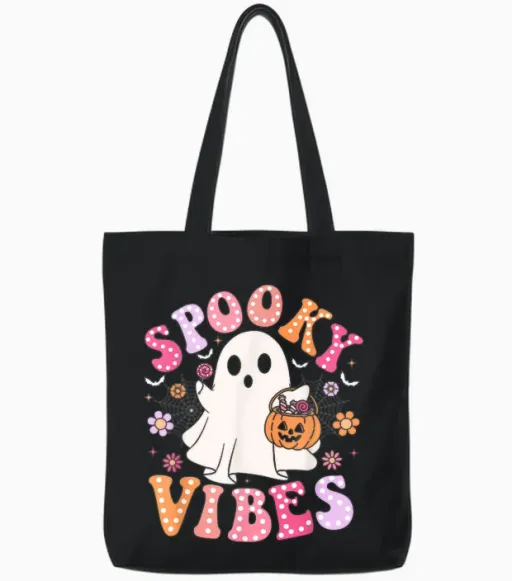 Spooky Vibes Ghost Retro Groovy Halloween Women Girls Tote Bags - Black