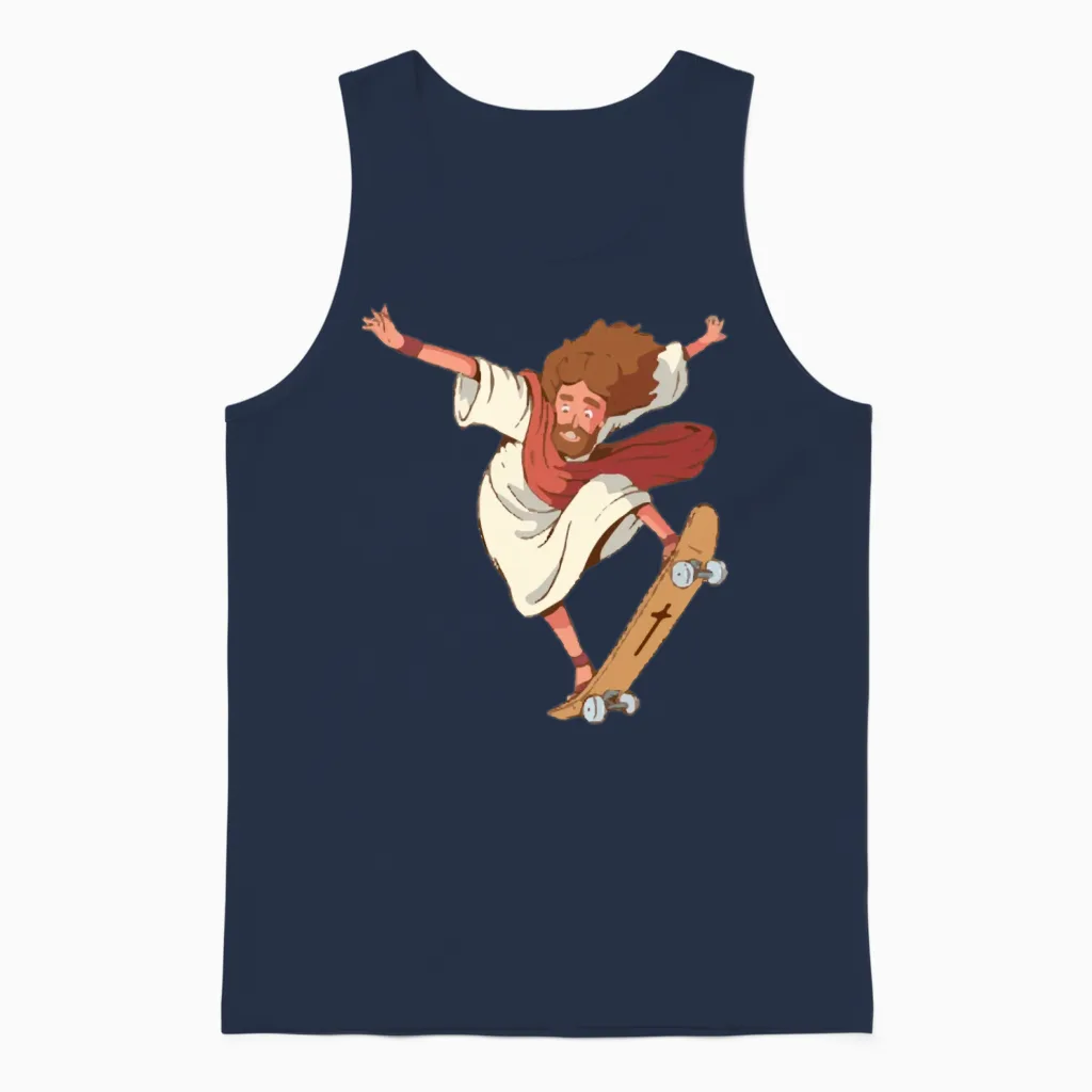 Jesus Skateboarding Funny Skateboard Unisex Tank Top in Navy
