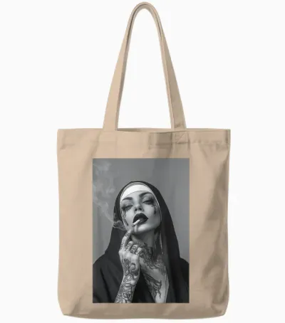 Tattooed Nun Smoking Cigarette Rebbel Christian Jesus Tote Bags - Natural