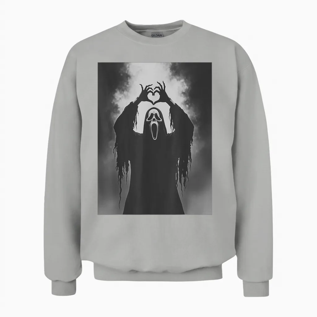 Ghost Heart Hands Scary Face Horror Poster Halloween Unisex Sweatshirt in Ash