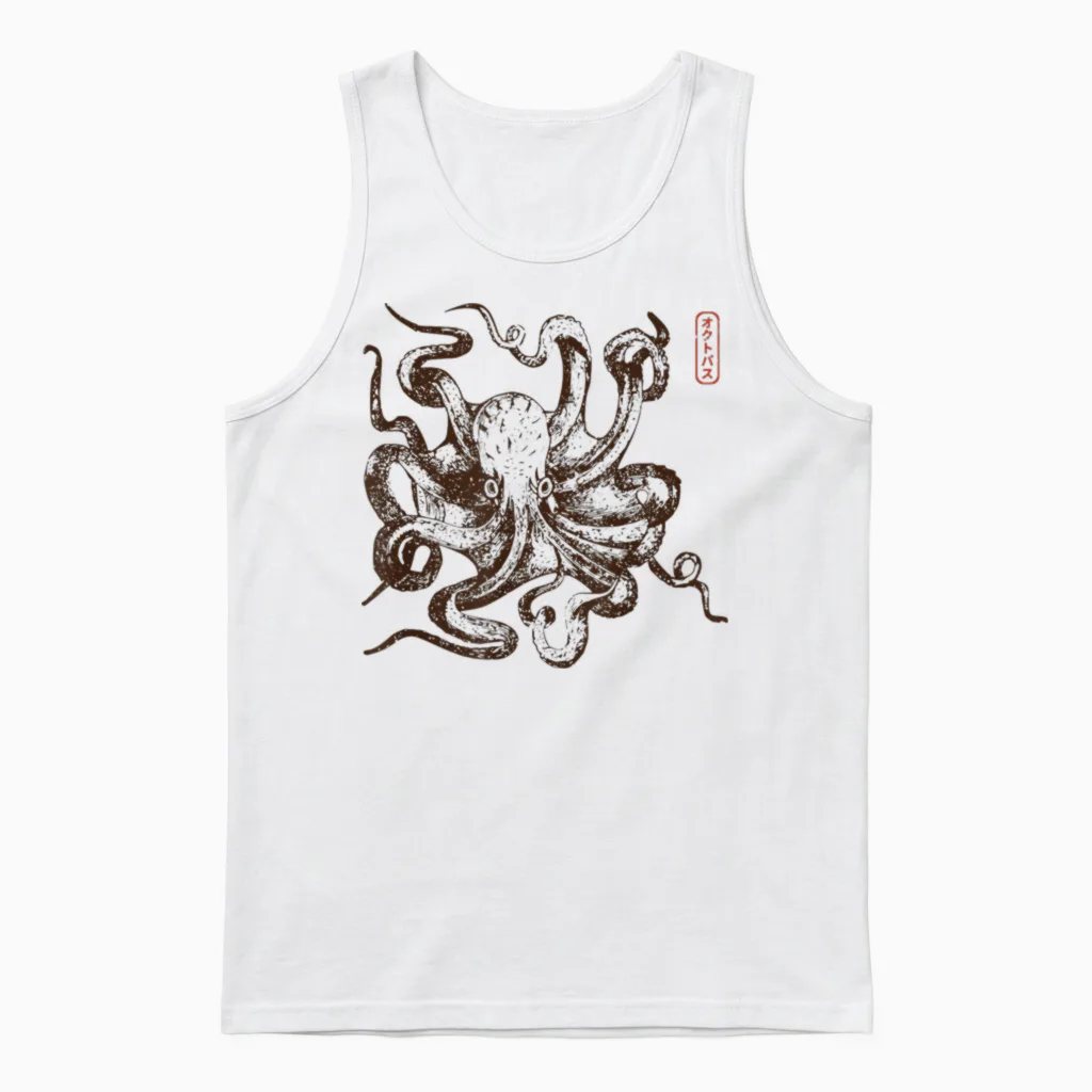 Japanese Aesthetic Retro Vintage Octopus Octopus Unisex Tank Top in White