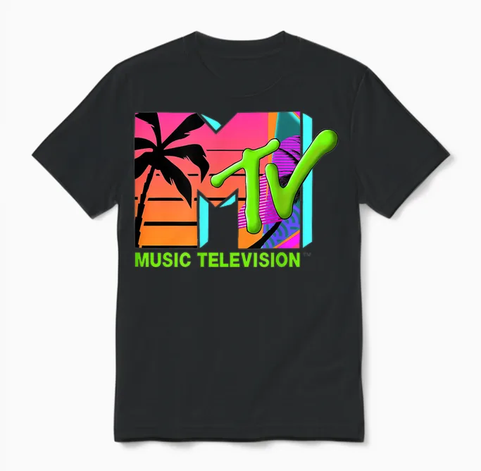 The Official Mtv Logo with Retro Palms in Paradise Unisex T-Shirt in Black