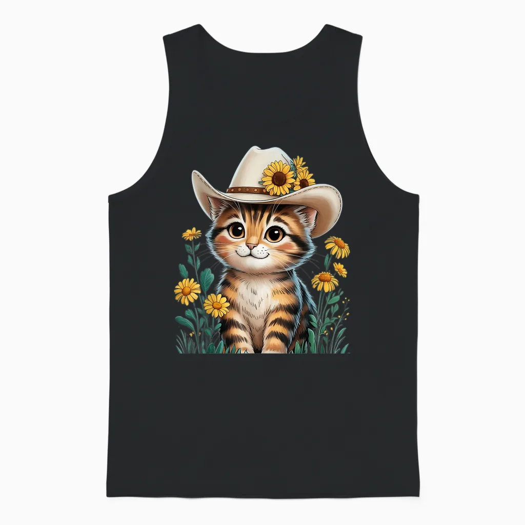 Adorable Cartoon Cat in Cowboy Hat with Rustic Sunflowers Unisex Tank Top in Black
