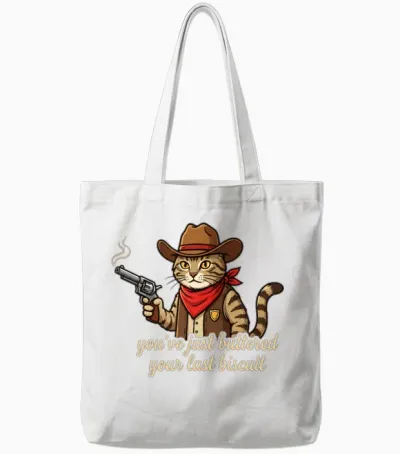 Buttered Your Last Biscuit Cowboy Cat Tote Bags - White