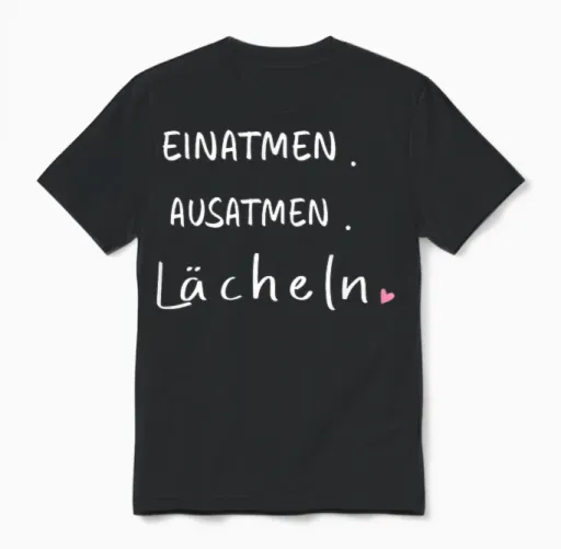 T-Shirt with German Text "einatmen. Ausatmen. Ausatmen. Smiles" Say, Black Unisex T-Shirt - Black