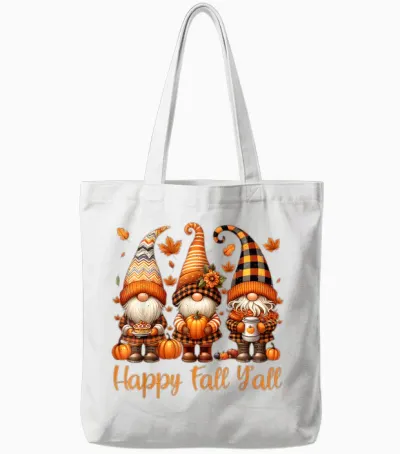 Happy Fall Y'all Gnome Pumpkin Autumn Thanksgiving Men Women Tote Bags - White