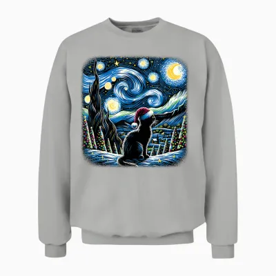 Van Gogh Starry Night Festive Christmas Black Cat Santa Unisex Sweatshirt - Ash