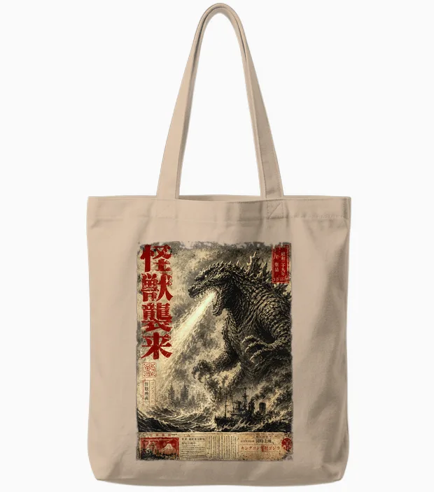 Vintage Japanese Sea Monster Kaiju Newspaper Tote Bags in Natural
