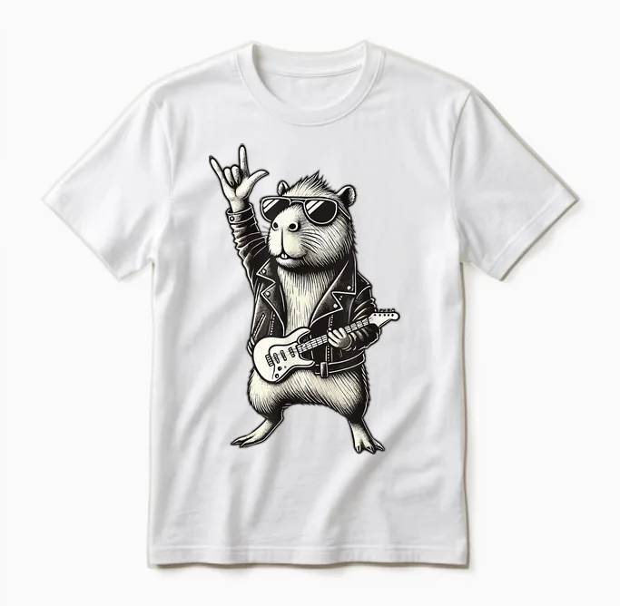 Rock and Heavy Metal Music, Capybara Rocker and Hand Guitar Rock Unisex T-Shirt in White