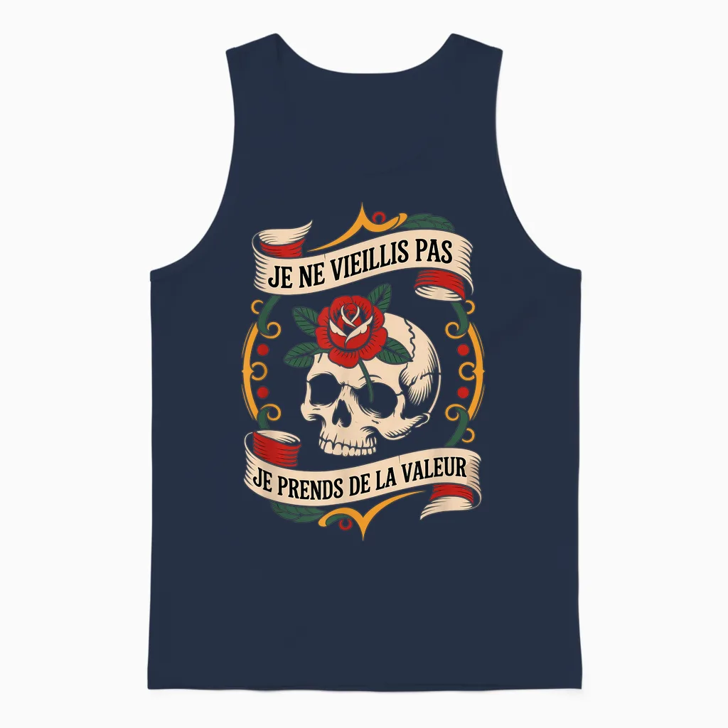 I'm Not Aged I Take Value Skull Roses Biker Unisex Tank Top in Navy