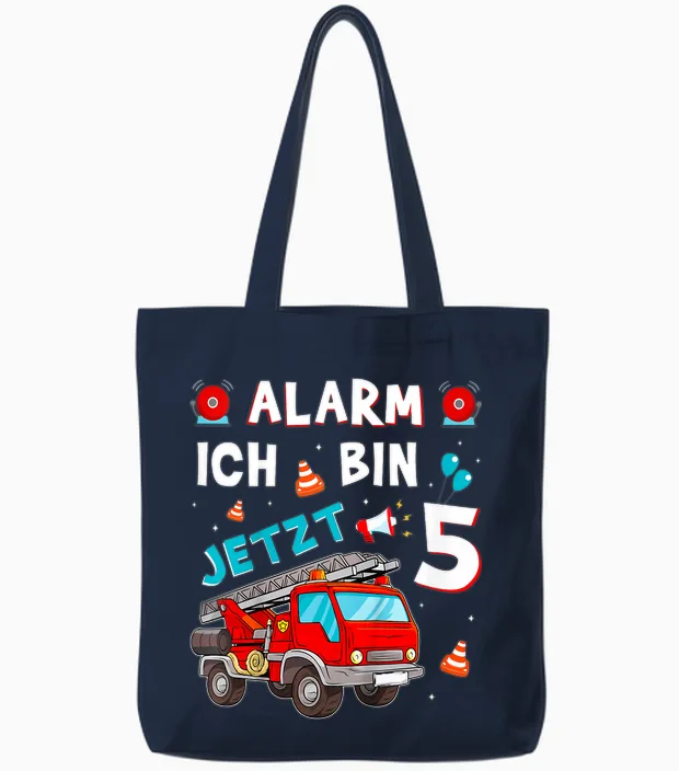 Children's 5th Birthday Boy Girl Fire Brigade Gifts Fire Engine T-Shirt, Black Tote Bags in Navy
