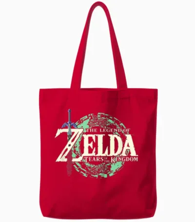 The Legend of Zelda Tears of the Kingdom Official Logo Short Sleeve T-Shirt, Black, Small Tote Bags - Red