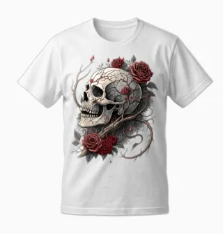 Skull Red Roses Baroque Gothic Vintage Tattoo Unisex T-Shirt in White - 2