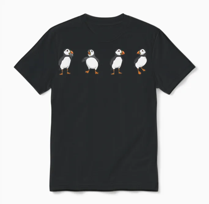 Puffin Alkenvögel Lunde T-Shirt, Black Unisex T-Shirt in Black
