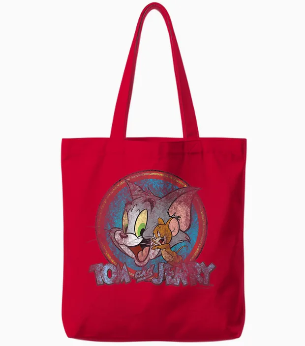 Tom and Jerry Yellow Red Blue Circle Logo Tote Bags in Red