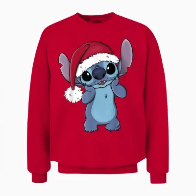 Disney Lilo & Stitch Christmas Santa Hat Stitch Portrait Short Sleeve T-Shirt Black Unisex Sweatshirt - Red