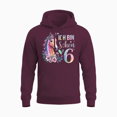 Children's T-Shirt with German Text "ich Bin Schon 6 Sechs Pferdellieber Pferde" (german Language) Unisex Hoodie - Maroon