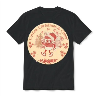 Retro Coffee and Christmas Cheer Unisex T-Shirt - Black