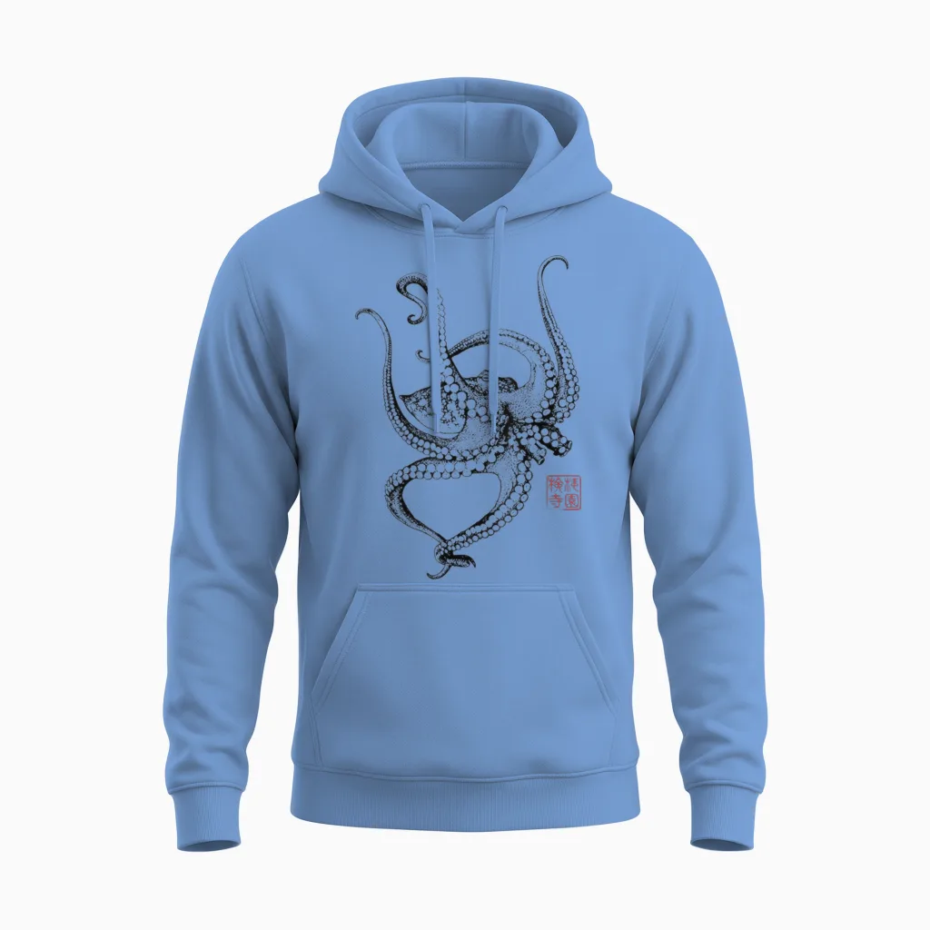 Japanische ästhetische Vintage Kraken Octopus Unisex Hoodie in Carolina Blue