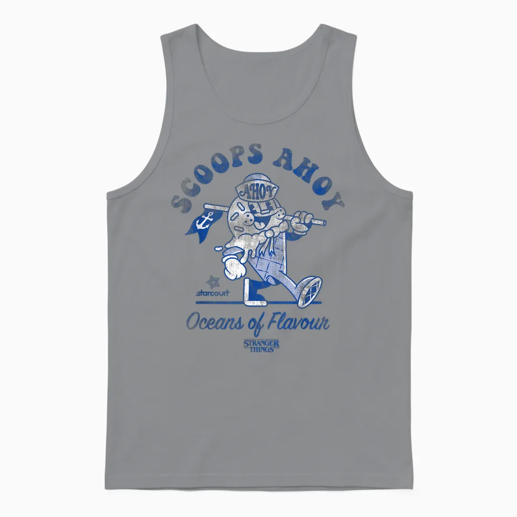 Stranger Things Scoops Ahoy Retro T-Shirt, White, S Unisex Tank Top in Sport Grey