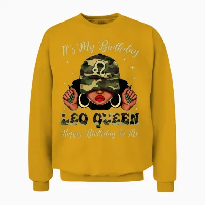 Leo Queen Black Woman with Cap Camo It's My Birthday Unisex Sweatshirt - Gold