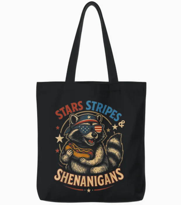 Stars Stripes and Shenanigans Funny Raccoon 4th of July Tote Bags in Black