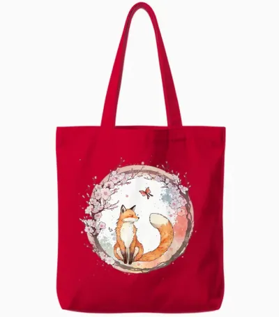 Kawaii Japanese Fox Butterfly Cherry Blossom T-Shirt, Black Tote Bags - Red