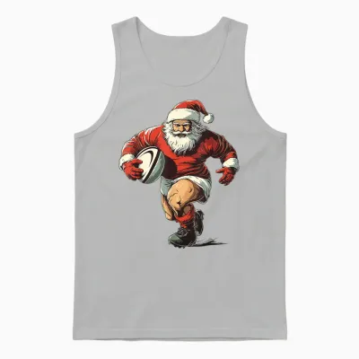 Funny Christmas Pajamas Rugby Player Santa Playing Rugby T-Shirt, Black, S Unisex Tank Top - Ash