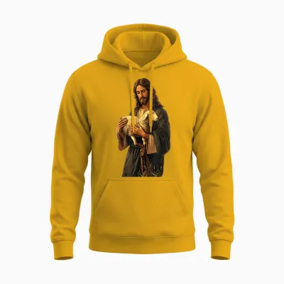Friedliche Religiöse Darstellung Serener Jesus Mit Lamm Christliche Kunst T-Shirt Für Christen, Unisex, Weiß, S Unisex Hoodie - Gold