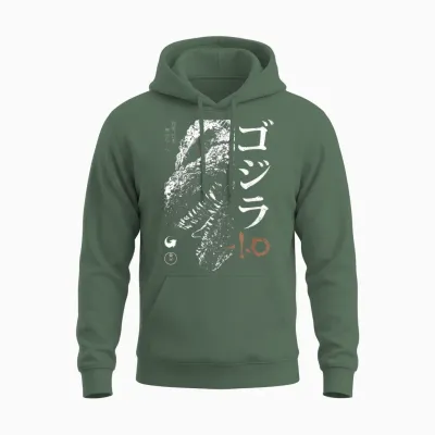Godzilla Minus One Half Face Black & White Movie Unisex Hoodie - Military Green