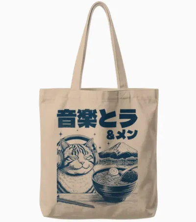 Music & Ramen Cat Neko Japan Ramen Noodle Cat T-Shirt, Gray, S Tote Bags - Natural