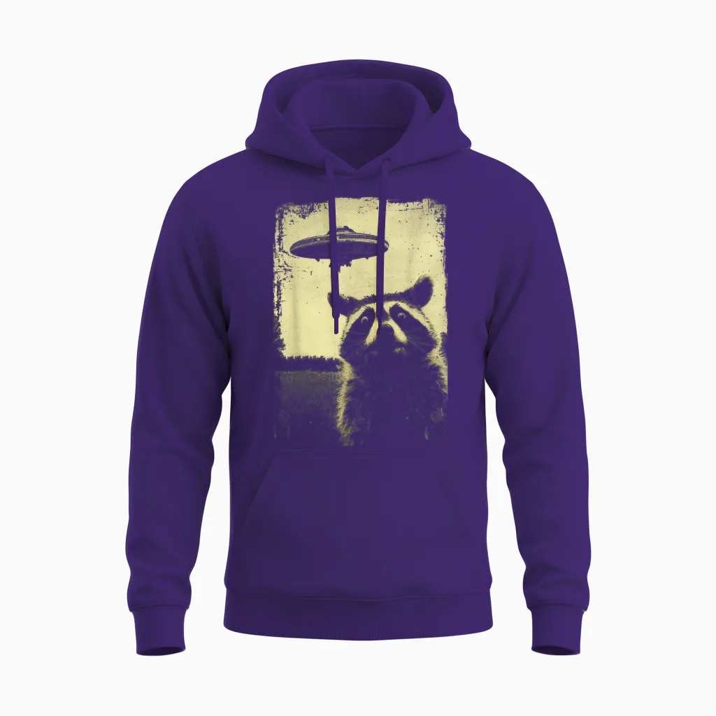 Raccoon Ufo Alien Weirdcore Aesthetic Artwork Stuff T-Shirt, Black Unisex Hoodie in Purple