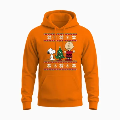 Peanuts Snoopy and Charlie Christmas Tree Short Sleeve T-Shirt Blue Unisex Hoodie - Safety Orange