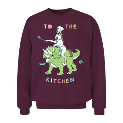 To the Kitchen Unicorn Riding Dinosaur Unisex Sweatshirt - Maroon