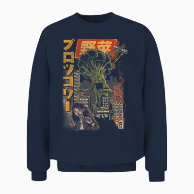 Ilustrata Official Broccozilla Brokkoli Monster Japanisches Kaiju Lustiger Brokkoli T-Shirt Schwarz S Crew-Ausschnitt Halbarm Unisex Damen Anime Cartoon Classic T-Shirt Halloween Unisex Sweatshirt - Navy