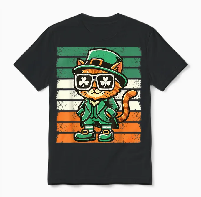 Katze Irisches Kleeblatt Männer Frauen Kinder Lustig St. Patrick's Day Unisex T-Shirt in Black