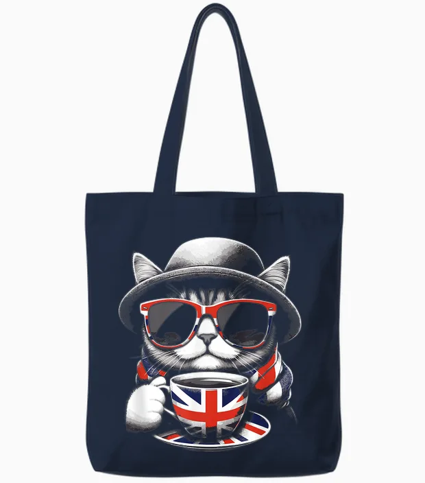 Cat Sunglasses Uk British Flag England Funny Tote Bags in Navy