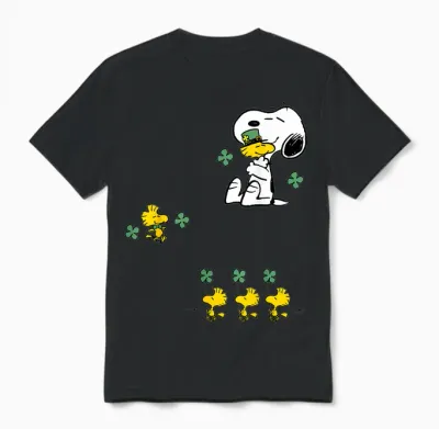 Snoopy & Woodstock - St Patrick's Day Shamrock Unisex T-Shirt - Black