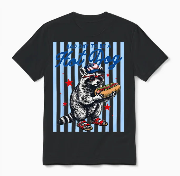 Bad Day to Be a Hot Dog Funny Raccoon Hotdog 4th of July Unisex T-Shirt in Black