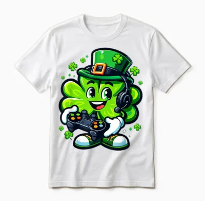 St. Patrick's Day Lucky Shamrock Gamer Video Irish Boys Kids T-Shirt, Black, S Unisex T-Shirt - White