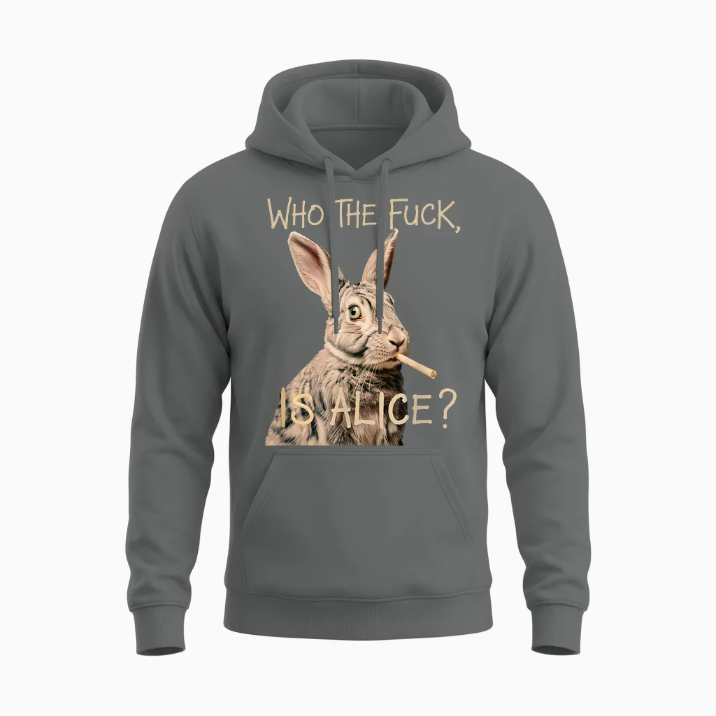 Who the F Ck Is Alice? Funny Rabbit Humour Graphic Unisex Hoodie in Graphite Heather