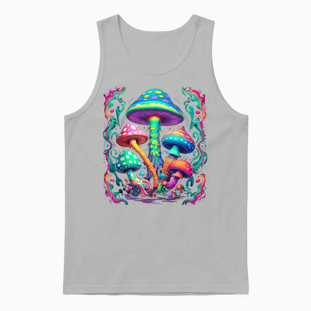 Colourful Psychedelic Mushrooms | Colour & Hippie T-Shirt, Black Unisex Tank Top in Ash