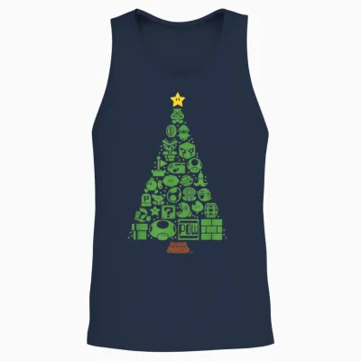 Super Mario Item Characters Christmas Tree Graphic Short Sleeve T-Shirt Black Unisex Tank Top - Navy