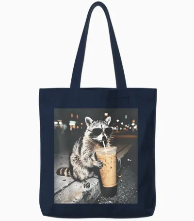 Raccoon Drinking Iced Coffee Funny Animal Meme Men Women Tote Bags - Navy
