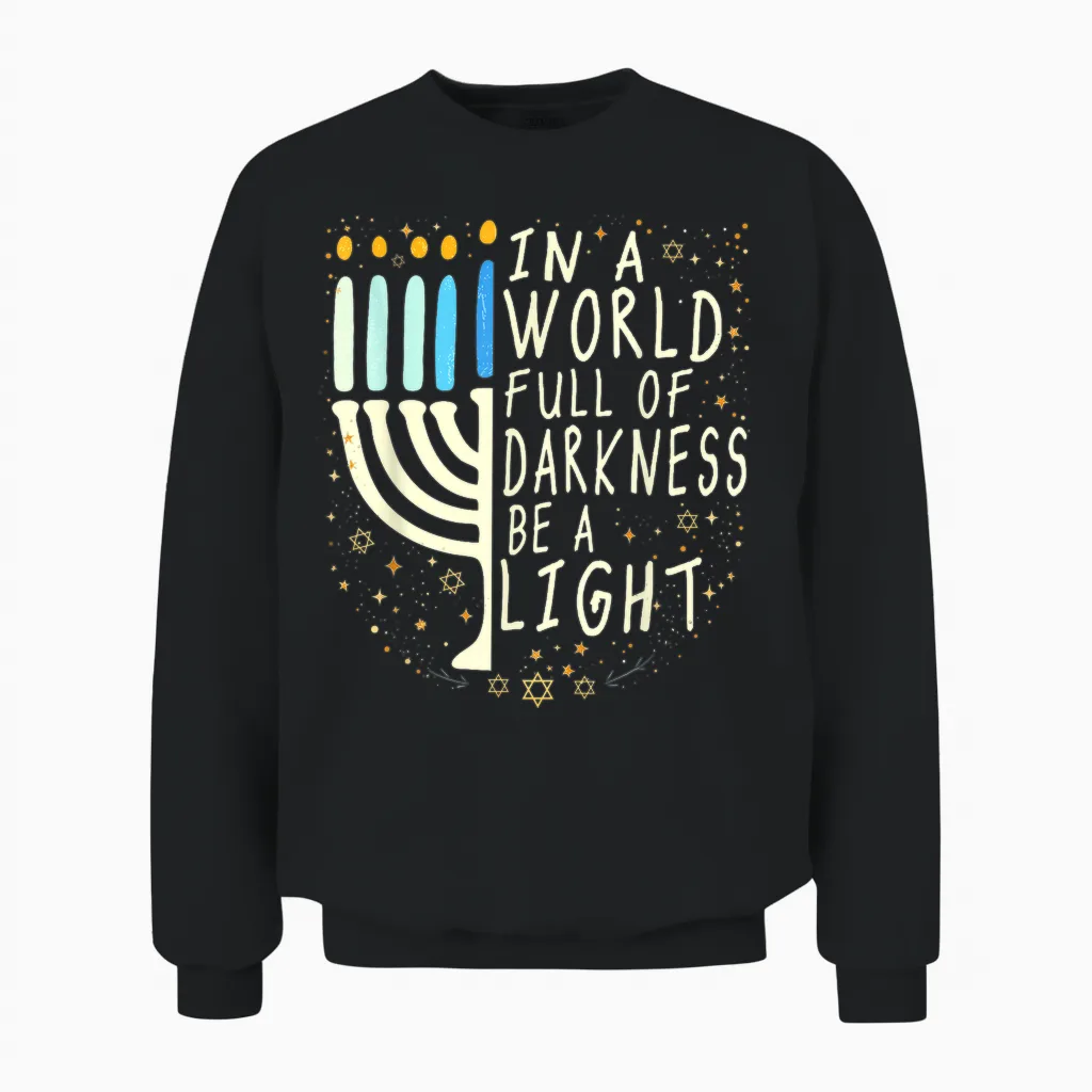 In a World Full of Darkness Be a Light Funny Hanukkah Jewish Unisex Sweatshirt in Black