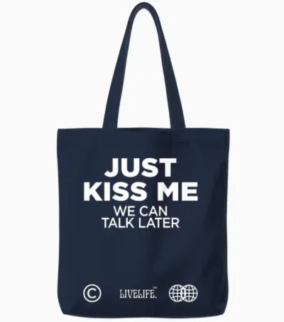 Just Kiss Me We Can Talk Later Love Valentine's Day Backprint T-Shirt, Black Tote Bags - Navy
