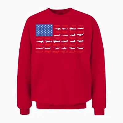 Pilot Airplane American Flag Plane Aviation Short Sleeve Unisex Sweatshirt - Red