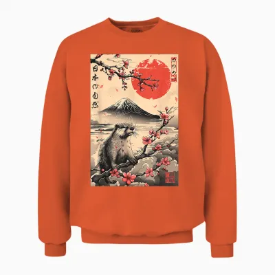 Niedlicher Otter Japanische Natur Mount Fuji Sakura ästhetik Unisex Sweatshirt - Orange