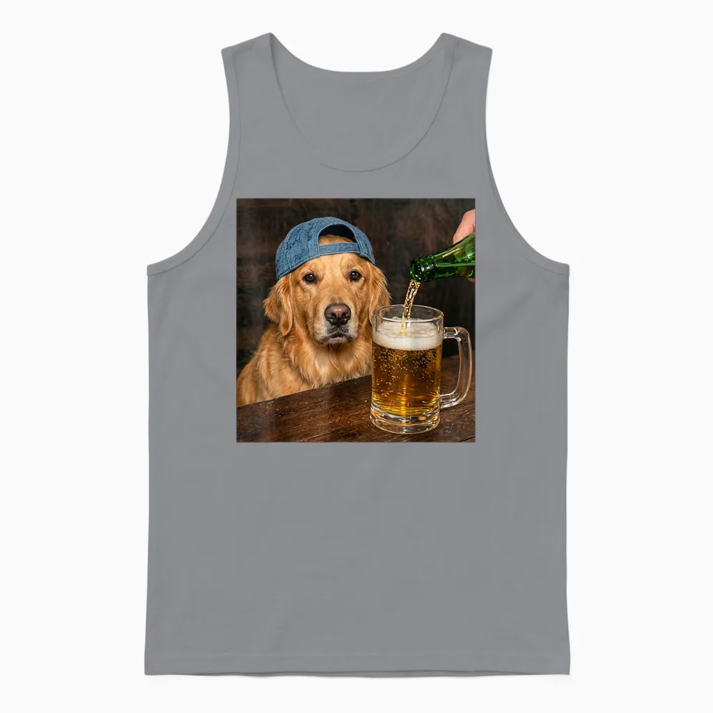 Golden Retriever Trinkt Bier Lustiges Hunde-Meme Unisex Tank Top in Sport Grey